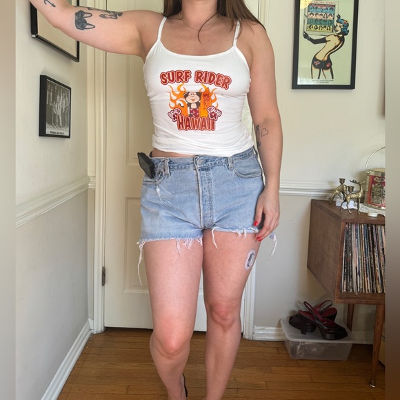 Y2K Vintage Glitter Graphic Hawaii Cami with Flames and Surfing Monkey - Picture 1 of 6